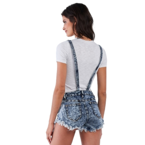 Denim Acid Washed Overall Fringe Short - Picture 2 of 4